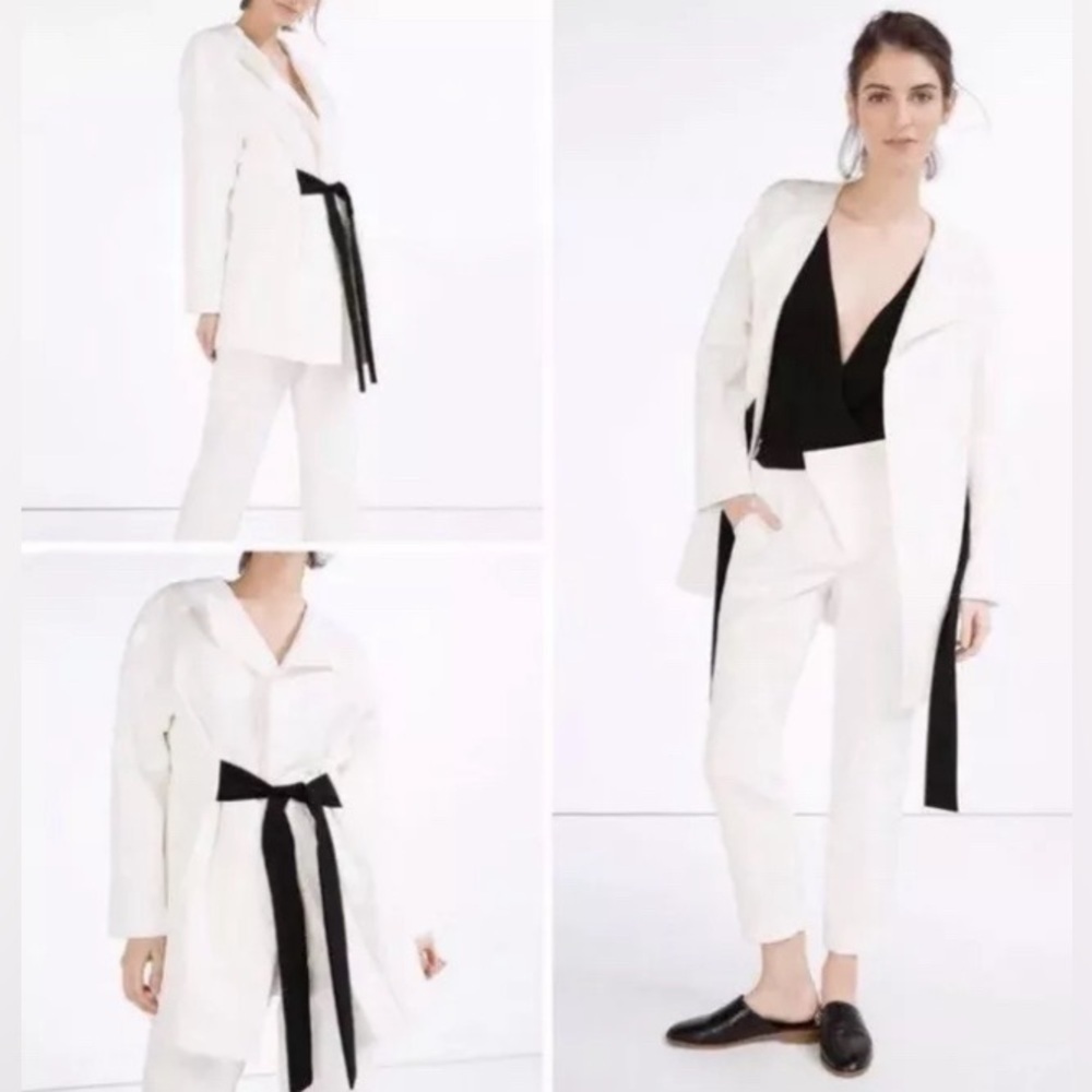 Zara Basic Oversized Quilted Jacquard Black Belted White Long Jacket Small Luxe